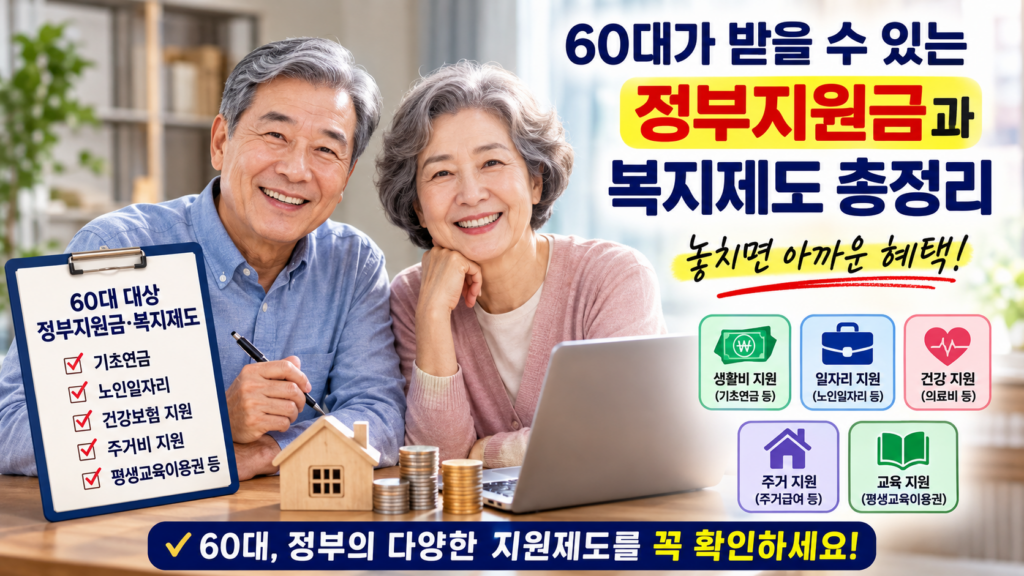60대 중장년 부부가 정부지원금과 복지제도를 알아보는 모습