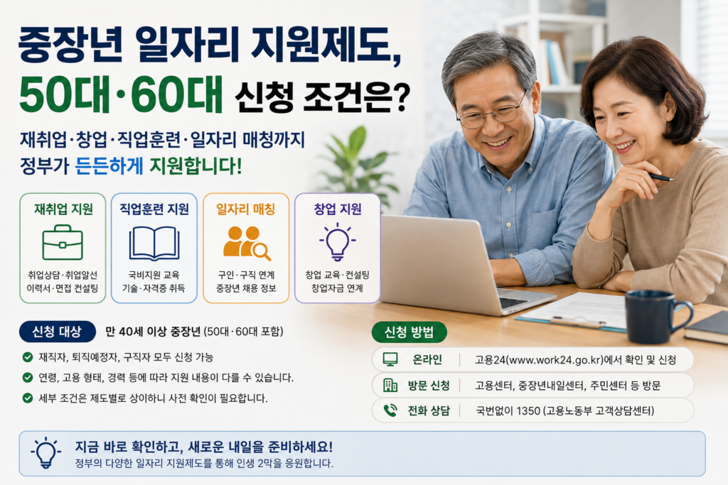 50대와 60대 중장년이 재취업과 일자리 지원제도를 알아보는 모습